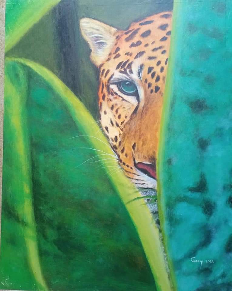 Al acecho jaguar, oleo sobre lienzo 90x70