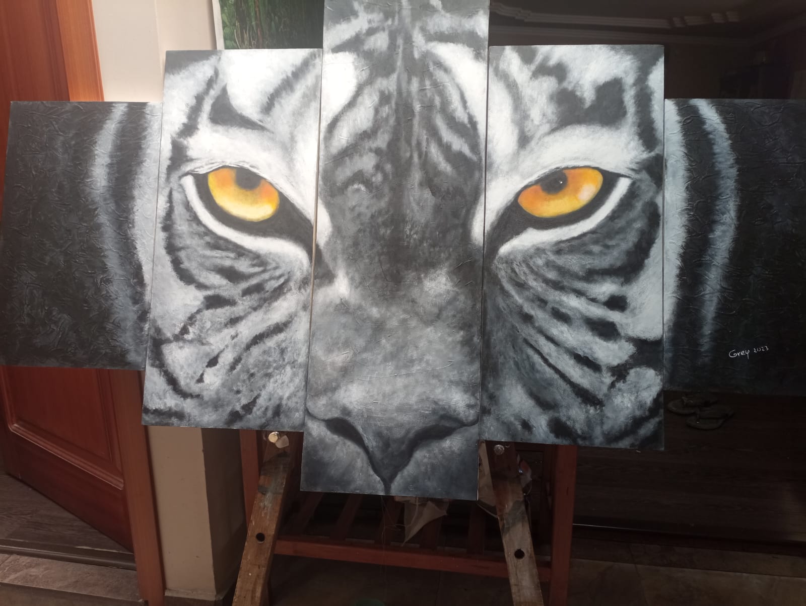 Pentáptico tigre oleo sobre lienzo 90x70